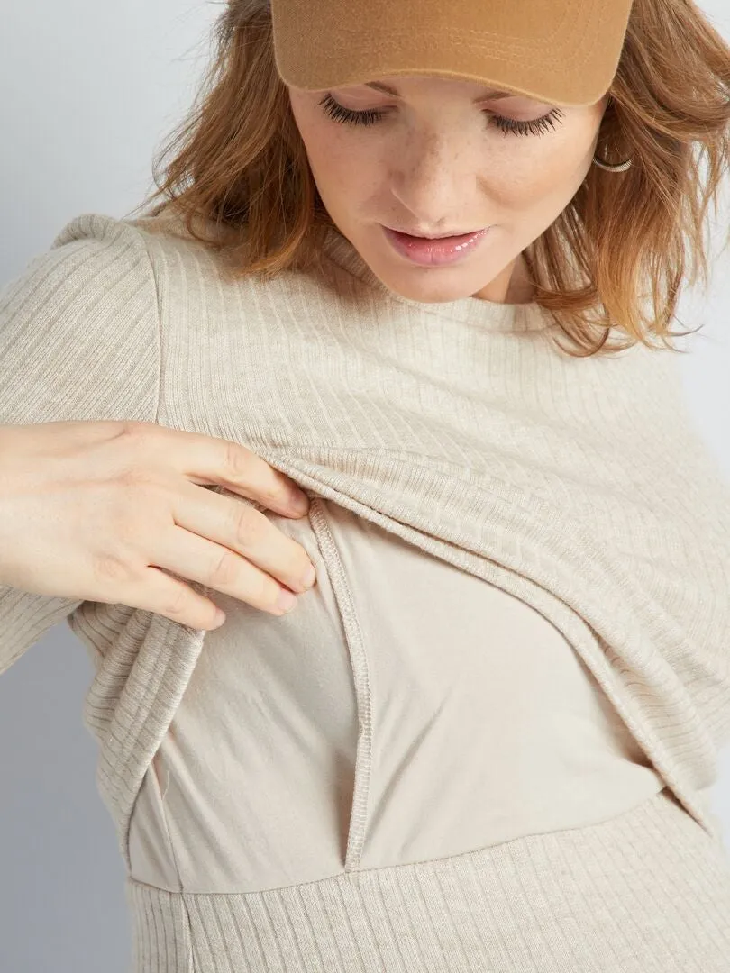 Camiseta de lactancia de canalé - BEIGE