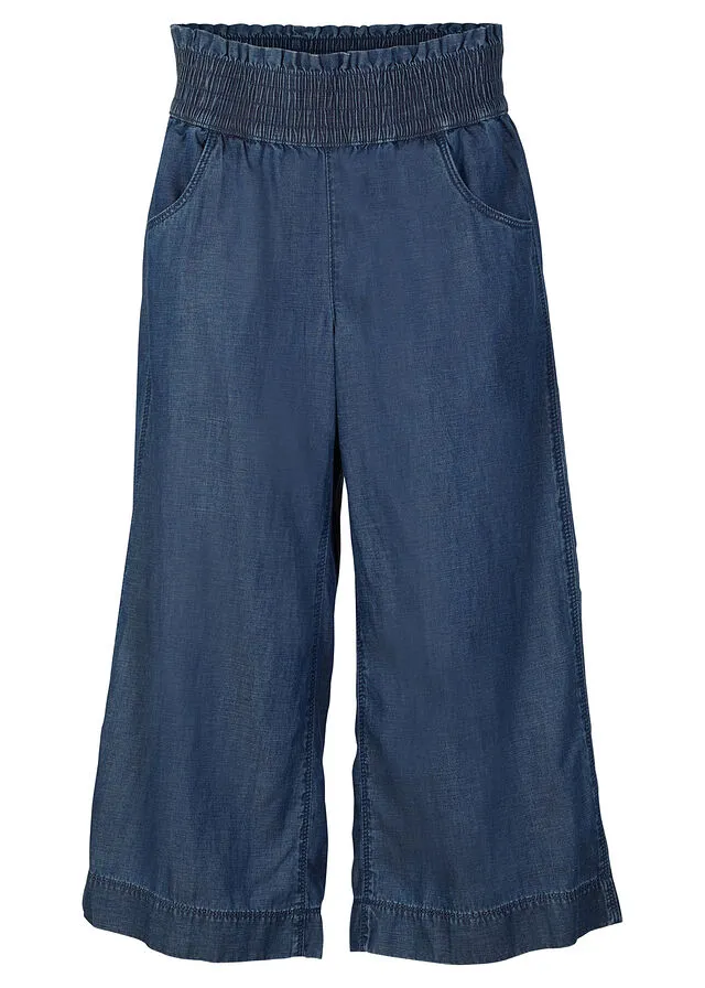 Culotte ancho con cintura cómoda y ancha de sarga ligera. Denim