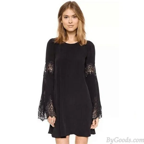 Fashion Lace Stitching Chiffon Loose Hollow Long Trumpet Sleeves Dress