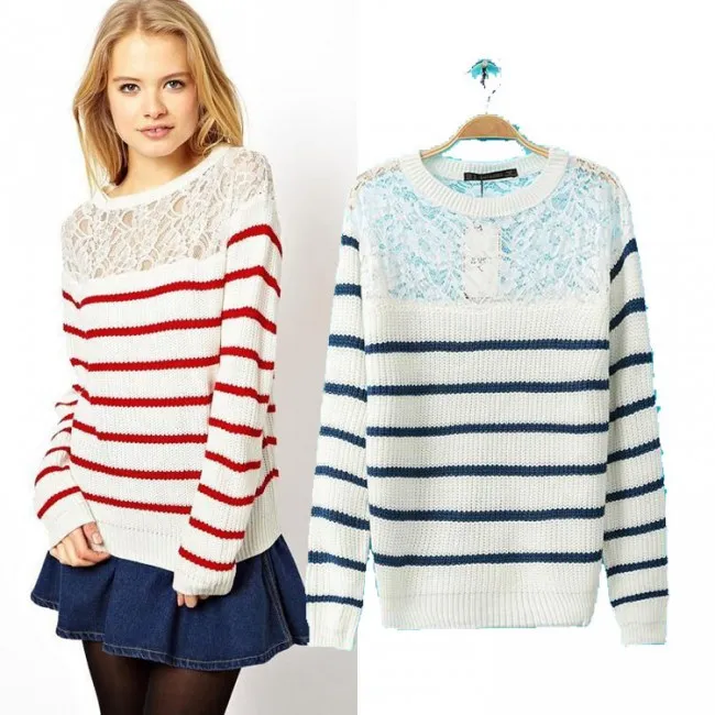 Hollow Out Lace Jointed Striped Sweater
