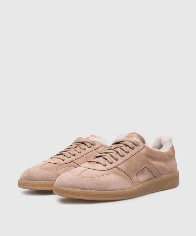 Santoni DBS Oly beige suede sneakers with fur