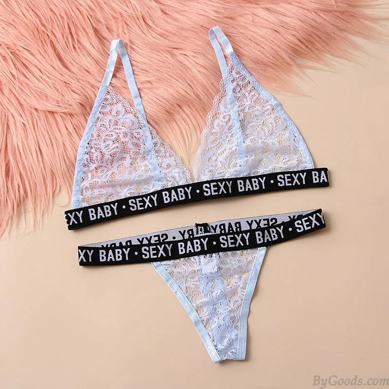  Sexy Baby Letter Belt Hollow Underwear Lace Bra Panty 2 Piece Set  Women's Lingerie