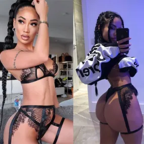 Sexy Black Lace Hollow Underwear Socks Bra Panty 2 Piece Set Women's Intimate Lingerie