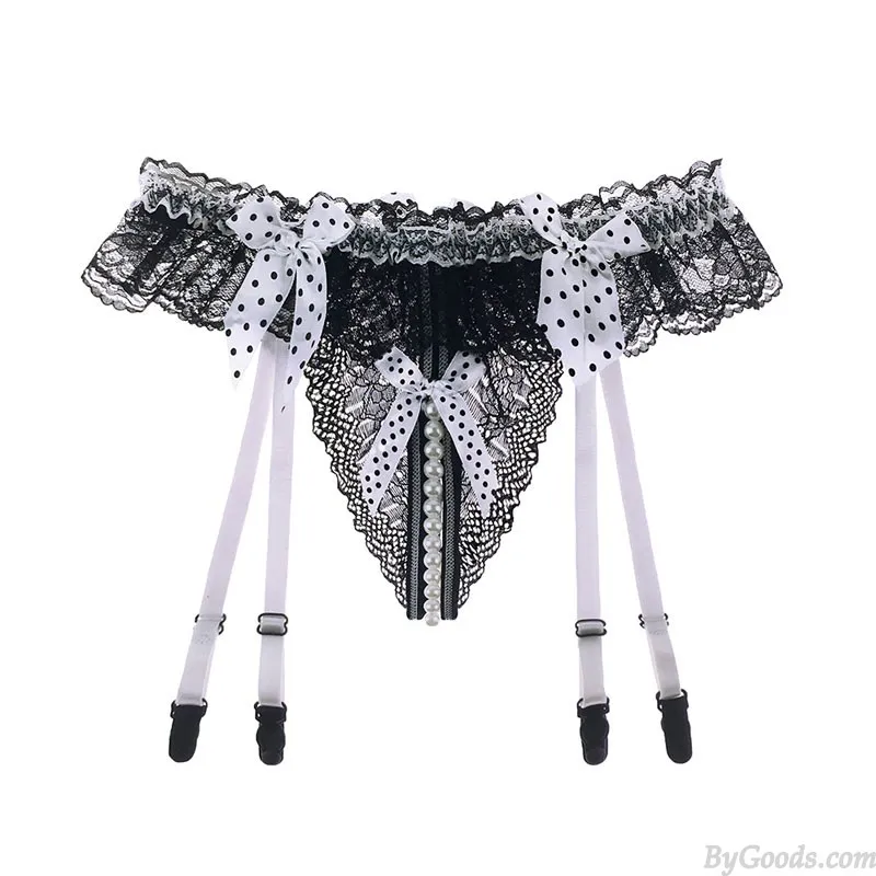 Sexy Bowknot Hollow Lace Pearl Massage Garter Belt Thong Pants Briefs Underwear Crotchless Women's Lingerie Underpants