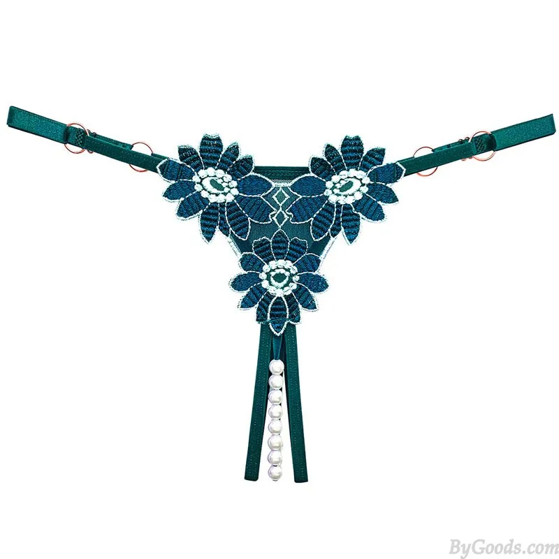 Sexy Crotchless Three Flower Embroidered Hollow Pearl Massage G-String Thong Pants Women's Lingerie T-Back Underwear Underpants 