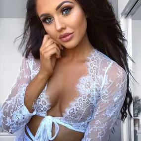 Sexy Eyelash Lace Long-Sleeved Pajamas Hollow Mesh Tops Intimate Lingerie