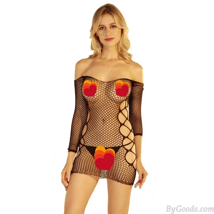 Sexy Fishnet Hollow Strapless Pajamas Long Sleeves Nightgown Chemise Women's Lingerie