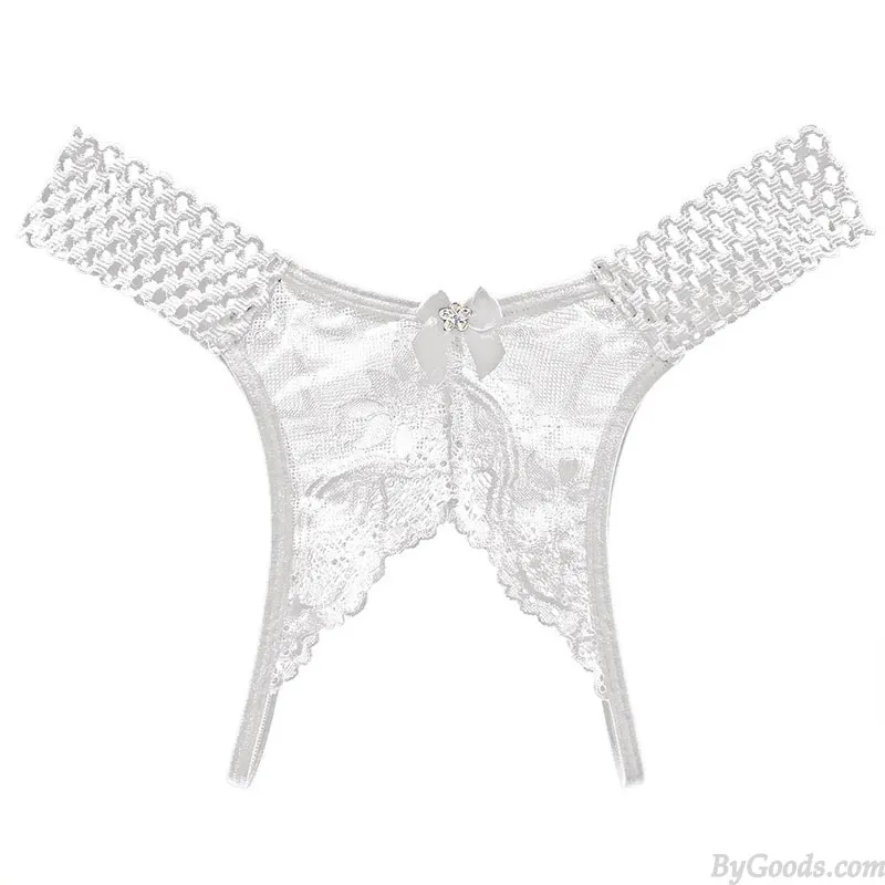 Sexy Hollow Crotchless Bowknot Lace Diamond Mesh Breathable Thin G-string Thong Naughty Slutty Underpants Lingerie Underwear T-B